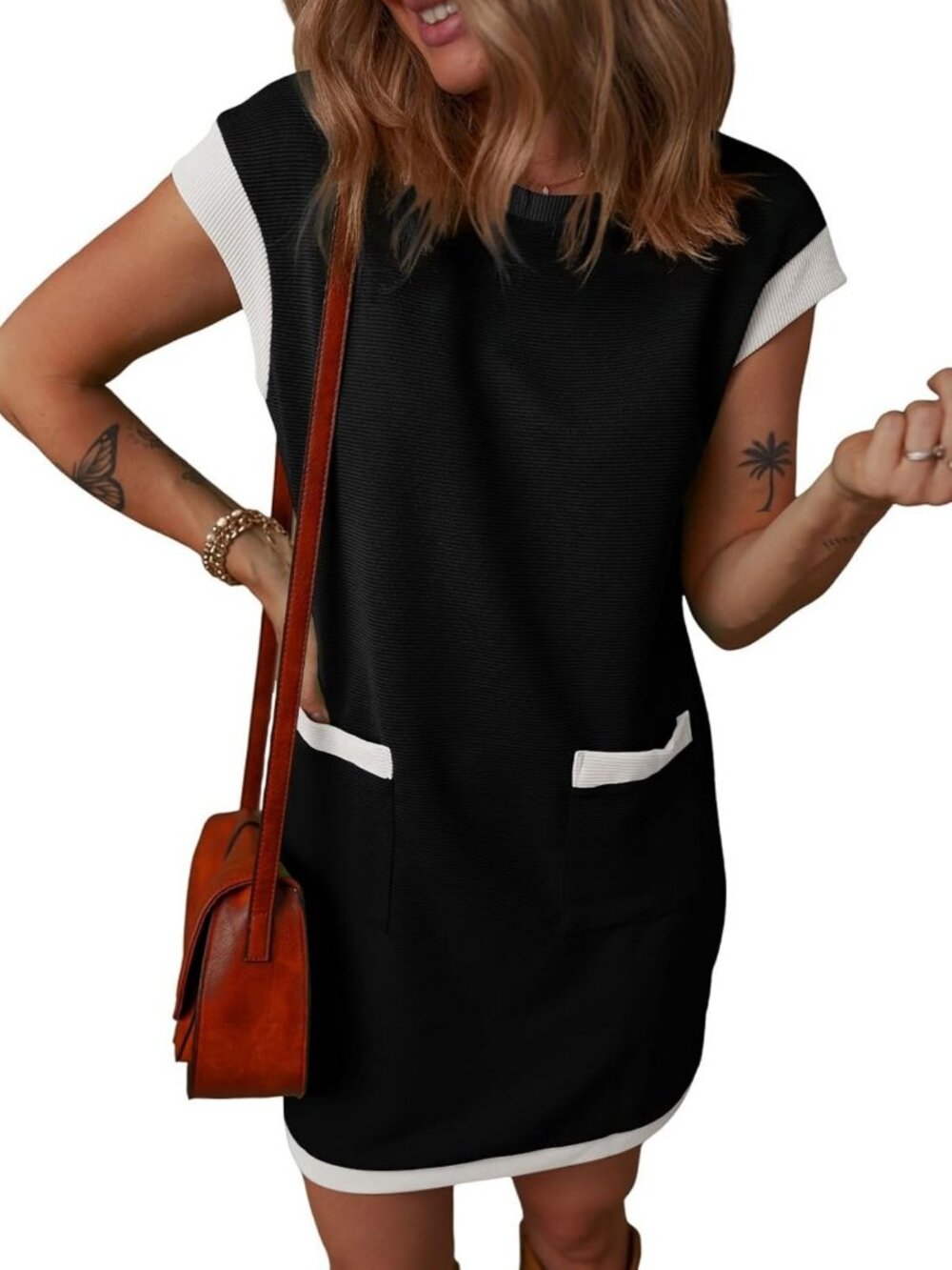 Casual Spring Summer Color Block Mini Dress with Cap Sleeves & Crewneck